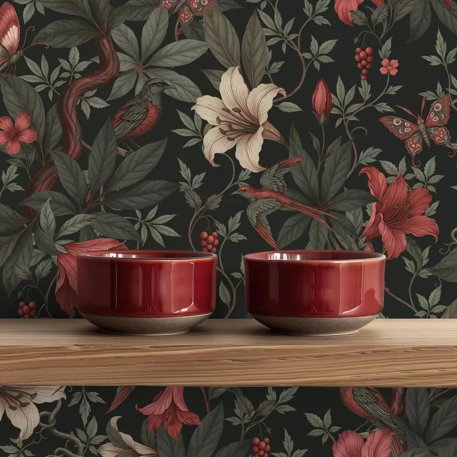 Fototapetai Tamsūs džiunglių gėlių motyvai su paukščiais ir drugeliais a00895