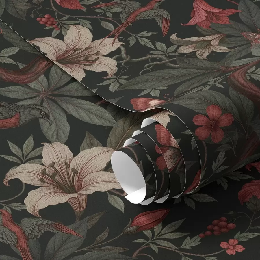 Fototapetai Tamsūs džiunglių gėlių motyvai su paukščiais ir drugeliais a00895