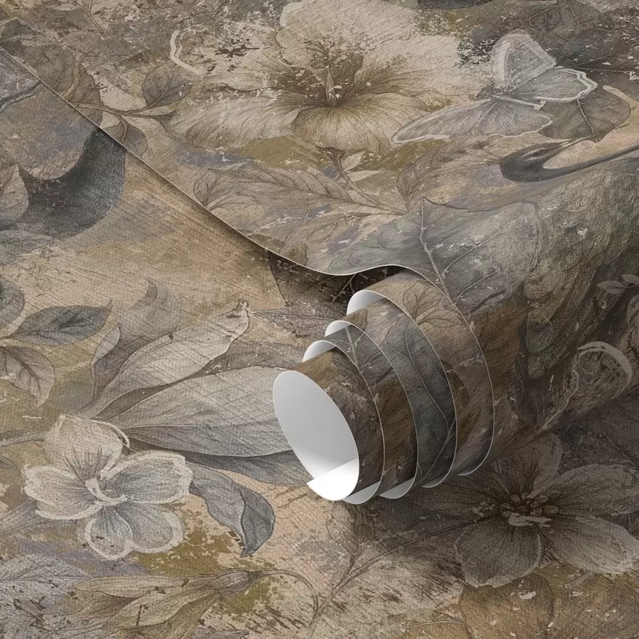 Fototapetai Senovinis gėlių koliažas su povais ir drugeliais a00897