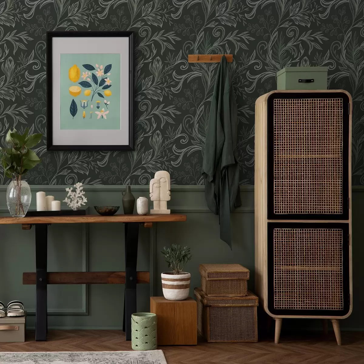 Tapetai Giliame miške susirangę lapai kreidinių žalių atspalvių a00935v2