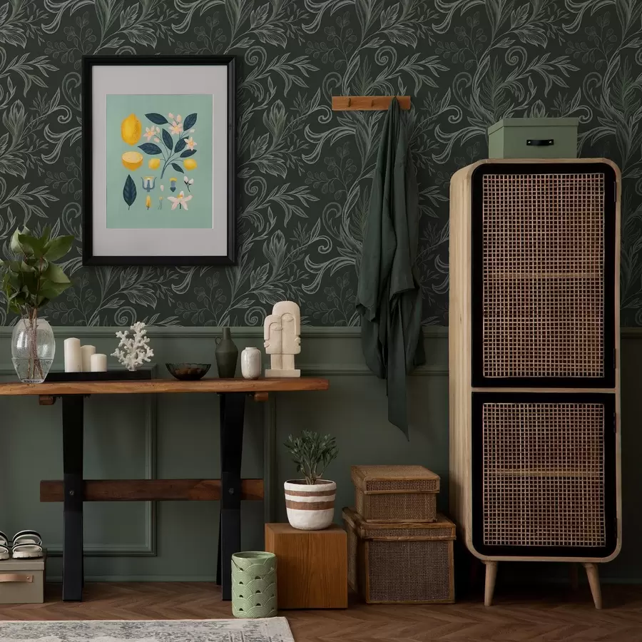 Fototapetai Giliame miške susirangę lapai kreidinių žalių atspalvių a00935v2