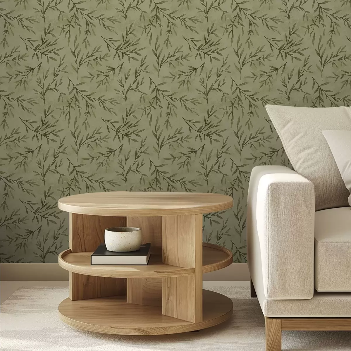 Tapetai Alyvuogių šakelės ant prislopinto geltonai žalios tekstūros fono a00936