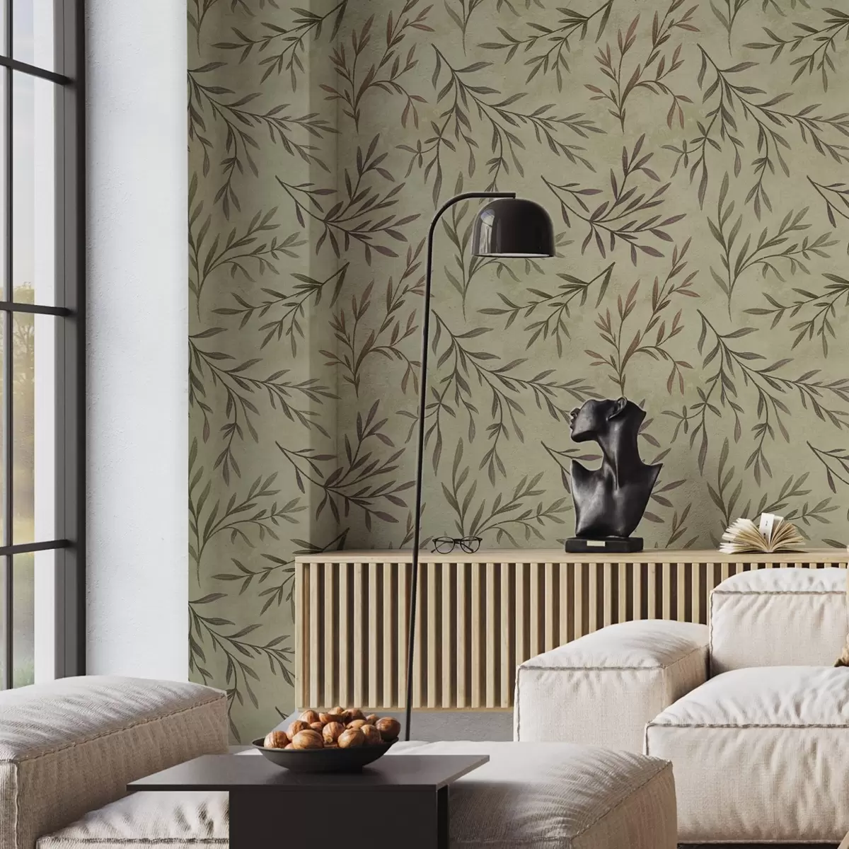 Tapetai Alyvinės ir žalios šakos su lapais ant šilto fono a00936v4