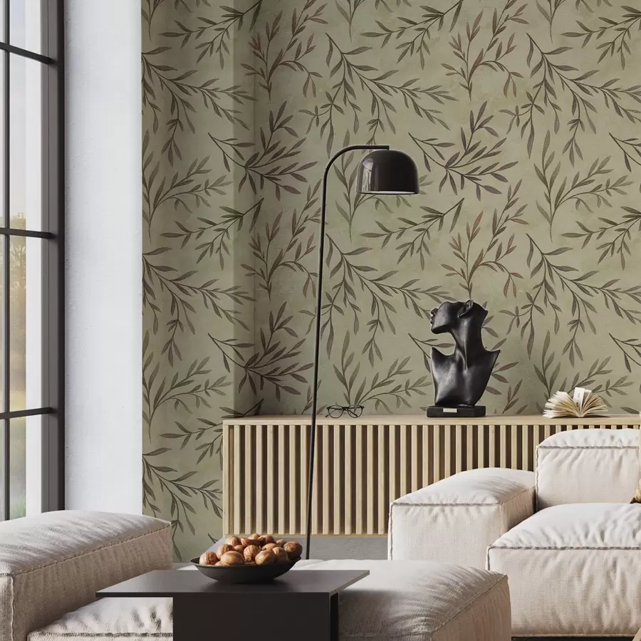 Fototapetai Alyvinės ir žalios šakos su lapais ant šilto fono a00936v4