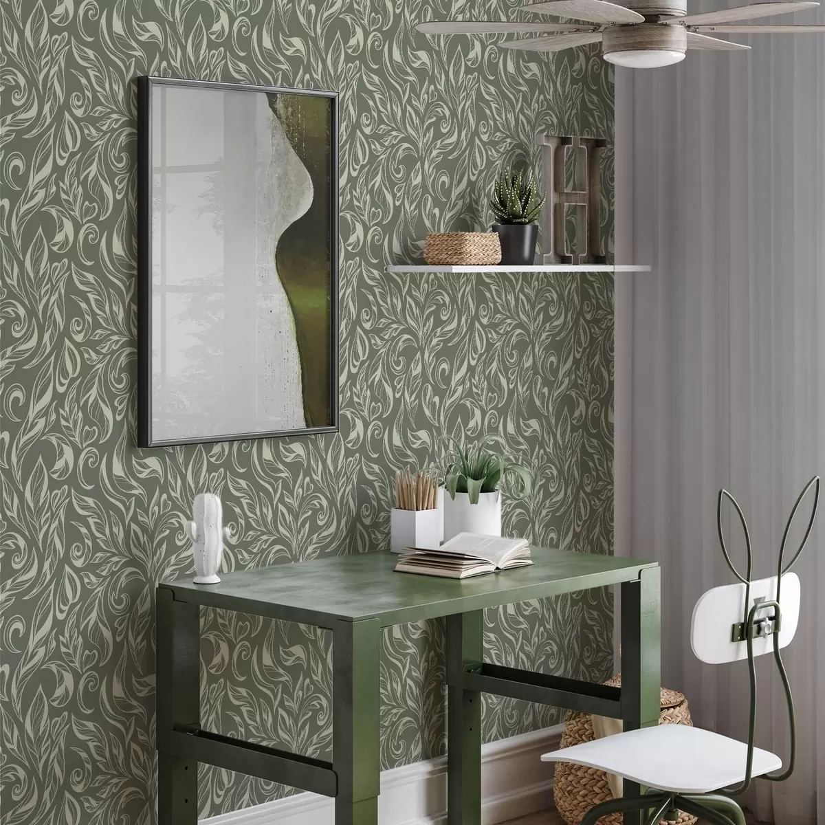 Tapetai Kreminis lapų ornamentas ant žalsvai pilko fono a00940v2