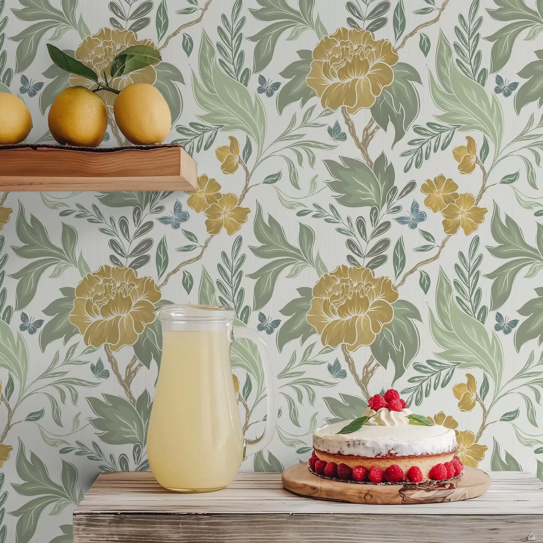 Fototapetai Didelės geltonos bijūnės ir žaluma ant šviesaus fono a00941