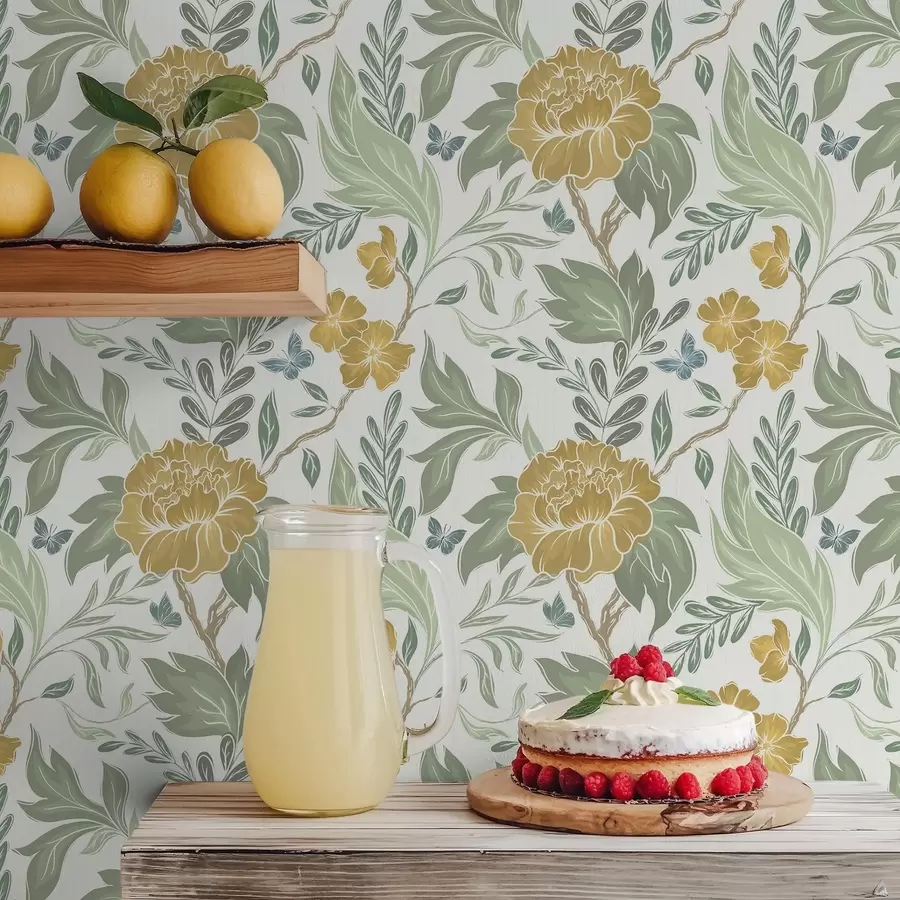 Fototapetai Didelės geltonos bijūnės ir žaluma ant šviesaus fono a00941