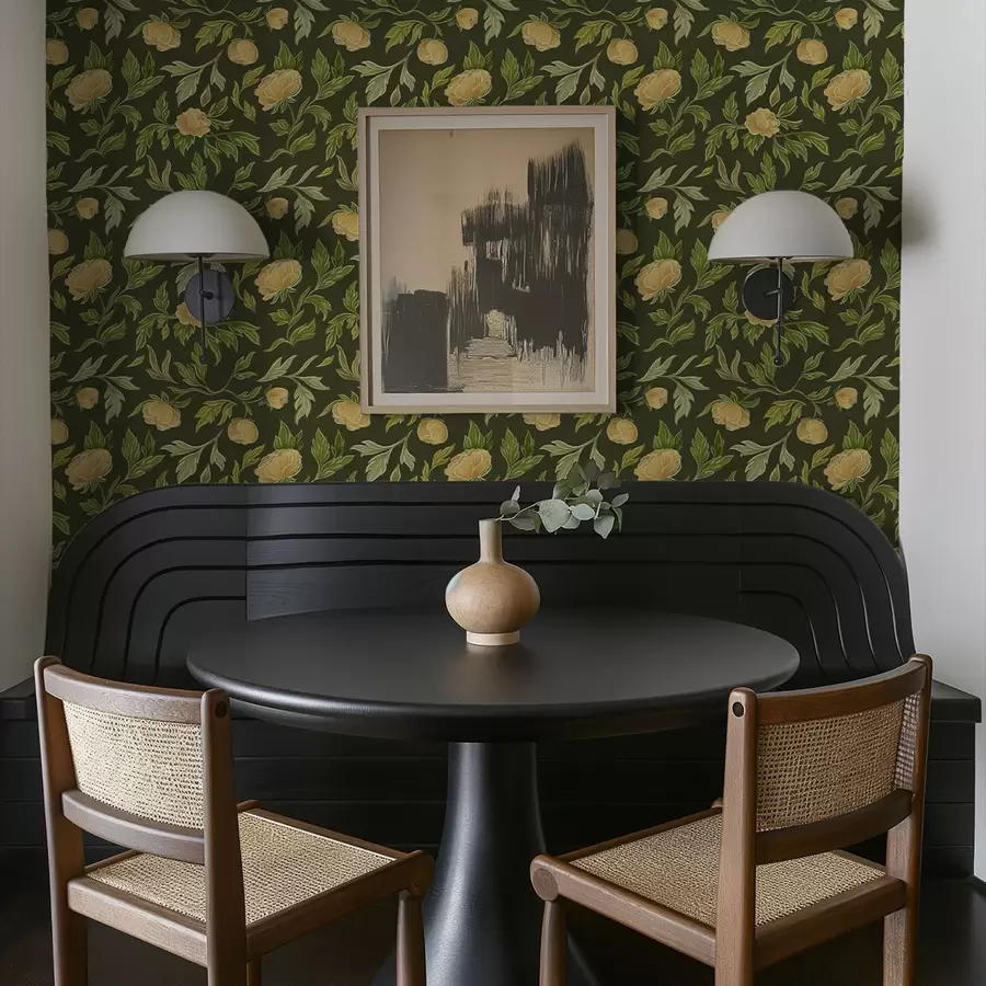 Fototapetai Geltonos bijūnės ant sodraus tamsiai žalios spalvos fono a00942v1