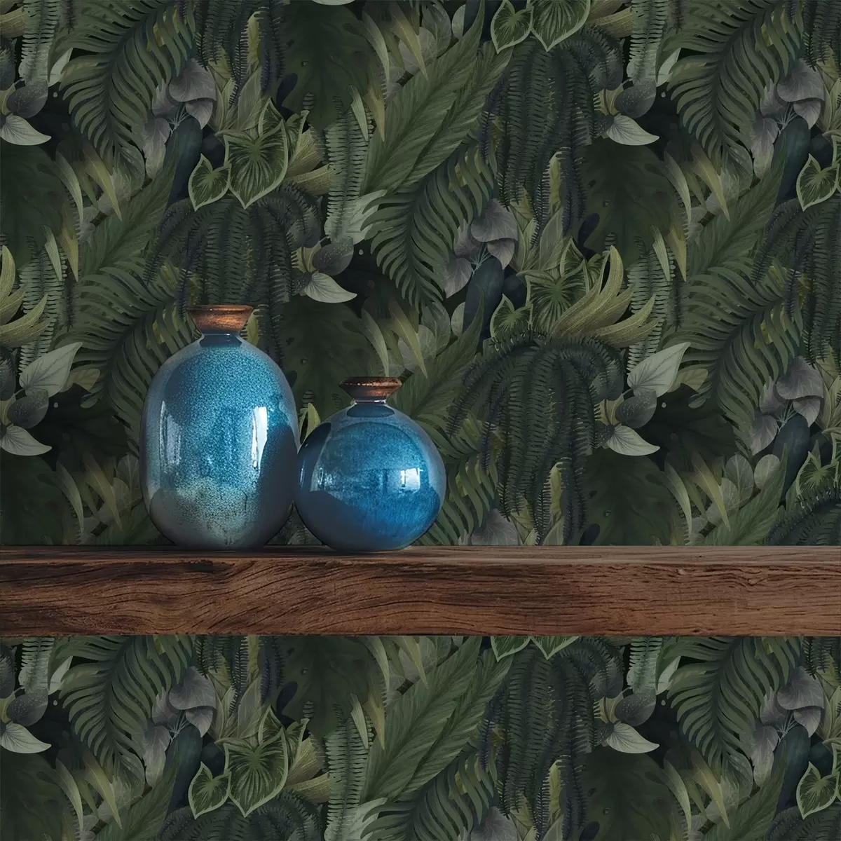 Tapetai Tankūs tropiniai lapai tamsiai žaliuose krūmuose a00943