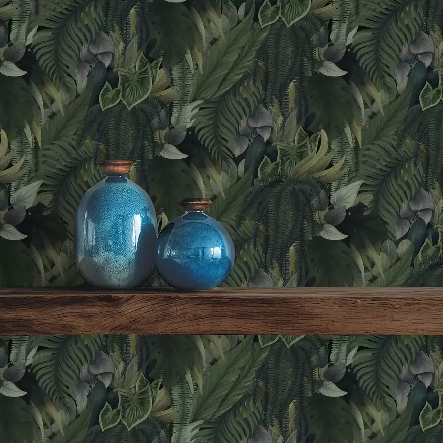 Fototapetai Tankūs tropiniai lapai tamsiai žaliuose krūmuose a00943