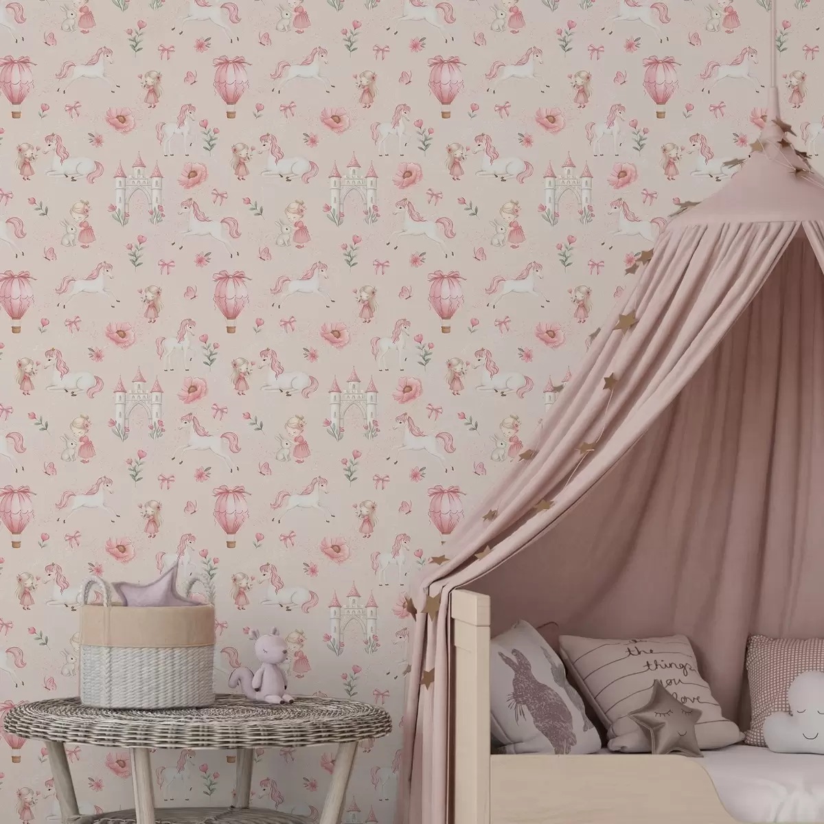 Tapetai Rožiniai vienaragiai, mergaitės ir pilis ant švelnaus fono a00957