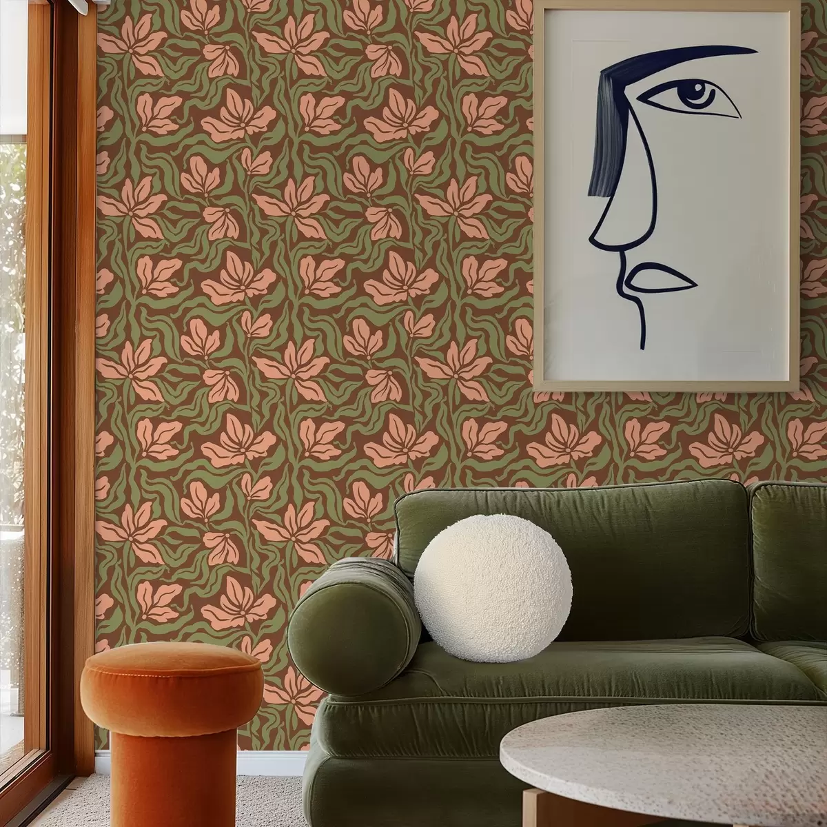 Tapetai Persikų žiedai ir žaluma ant tamsiai rudo fono a00958v2