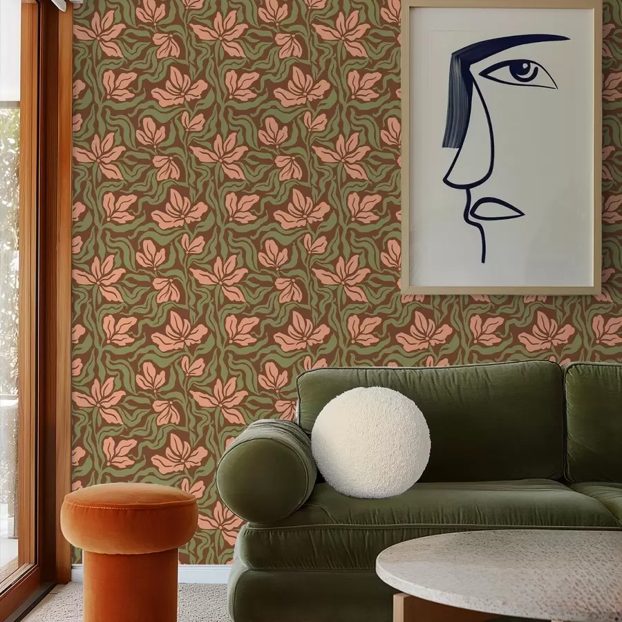 Fototapetai Persikų žiedai ir žaluma ant tamsiai rudo fono a00958v2