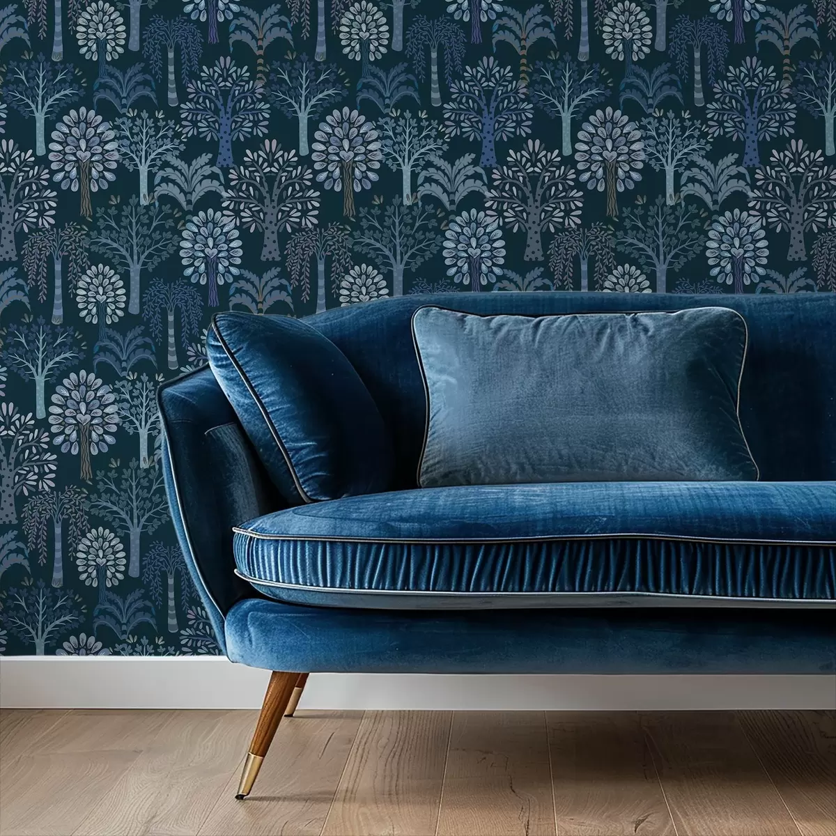 Tapetai Naktinis miškas su dekoratyviniais medžiais mėlynų atspalvių a00960v2