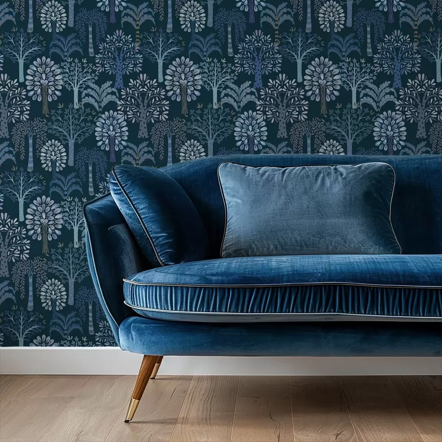 Fototapetai Naktinis miškas su dekoratyviniais medžiais mėlynų atspalvių a00960v2