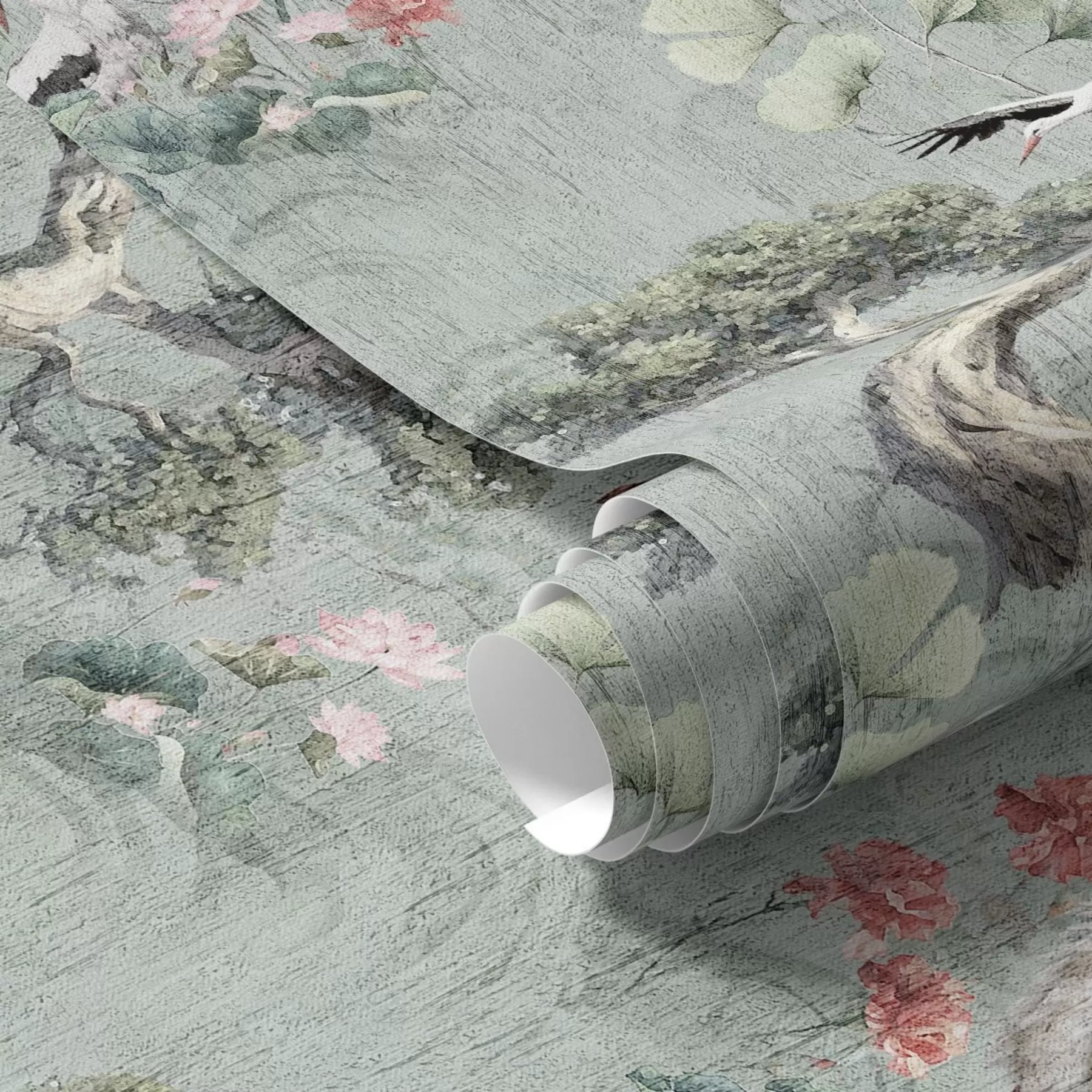 Fototapetai Kranai tarp pušų ir lotosų ant ramaus žalios spalvos fono a00962