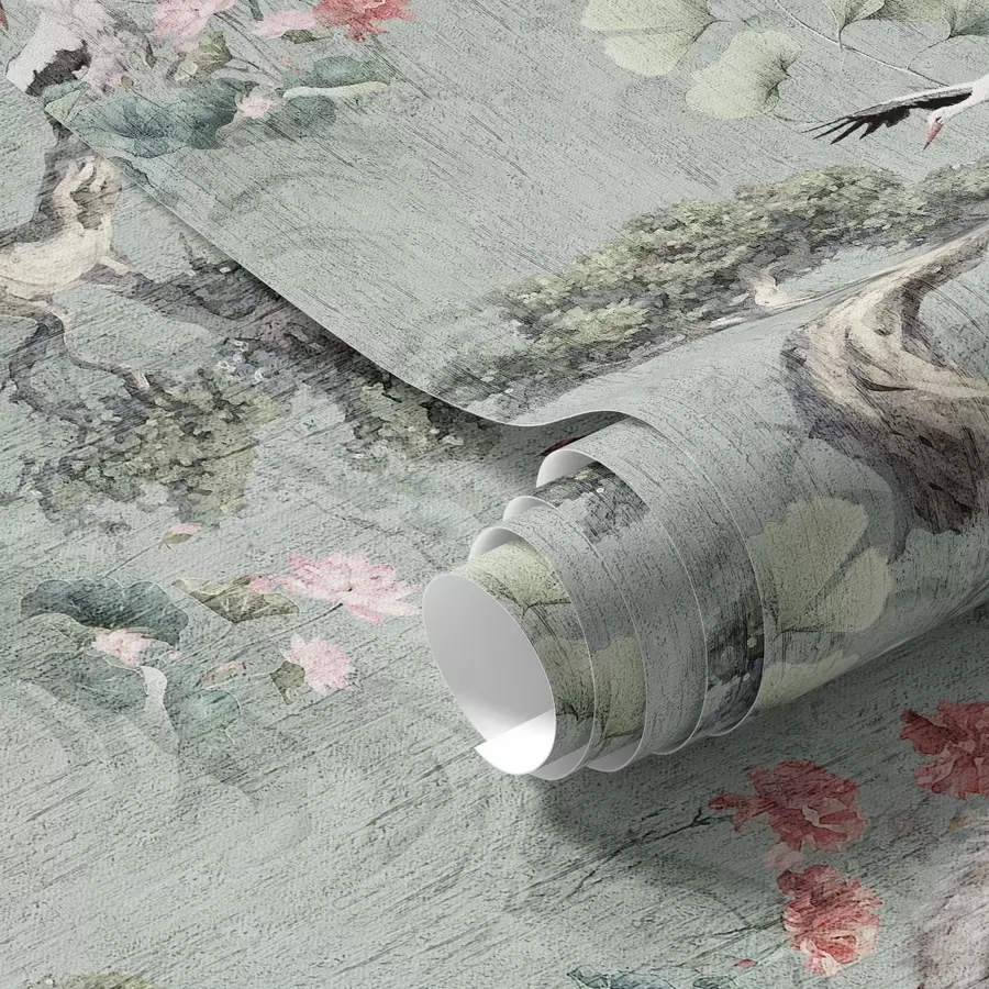 Fototapetai Kranai tarp pušų ir lotosų ant ramaus žalios spalvos fono a00962