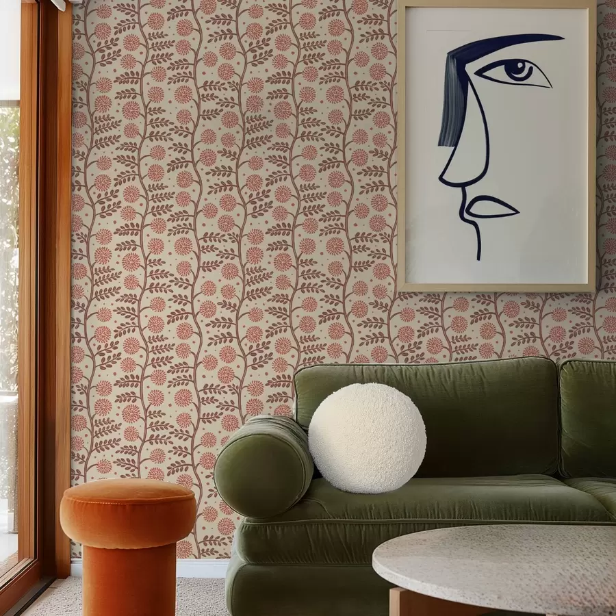 Fototapetai Terakotos stiebai su koraliniais pūkuotais žiedais ant kreminio fono a00997v1