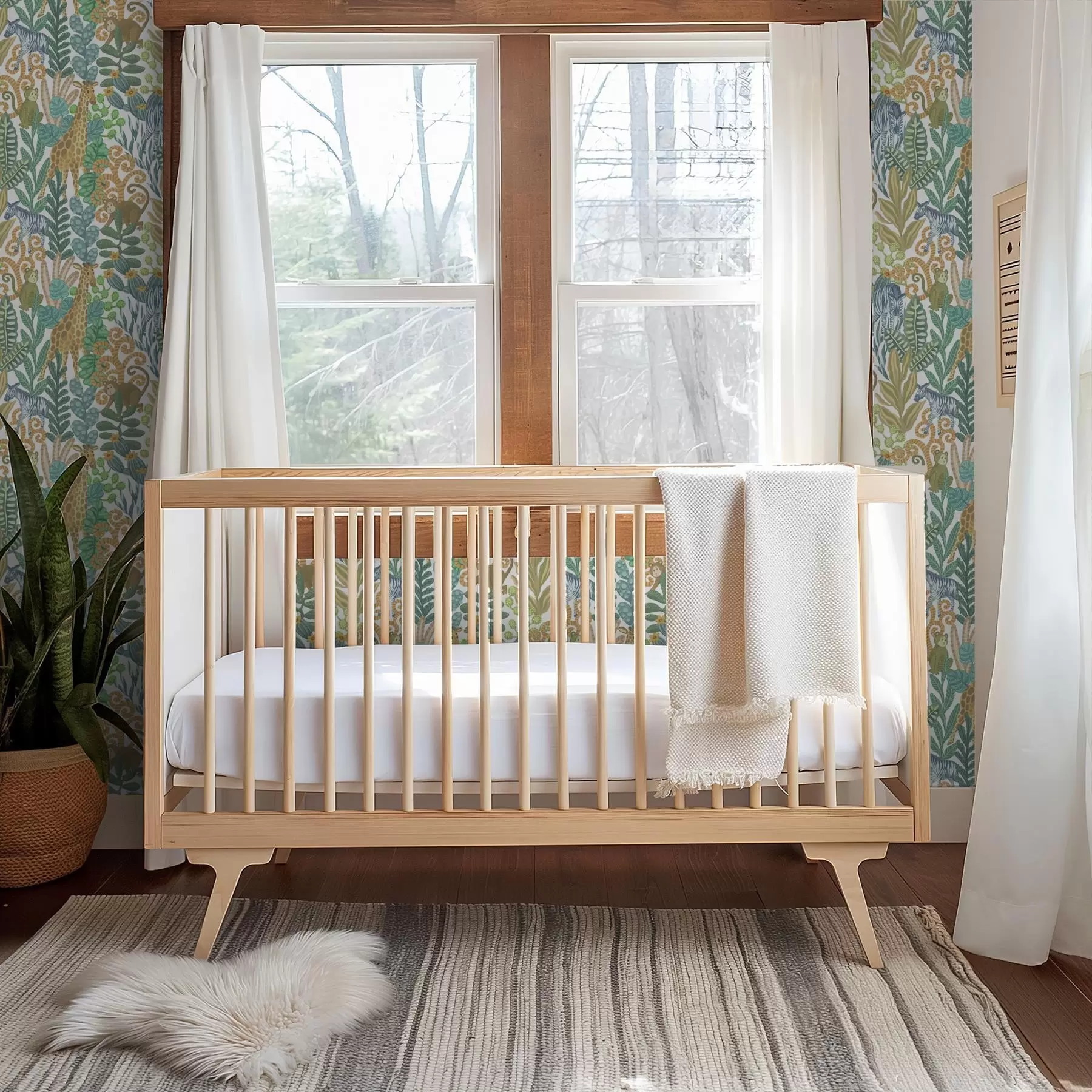 Fototapetai Linksmi savanos gyvūnai tarp lapų ant balto fono a01000