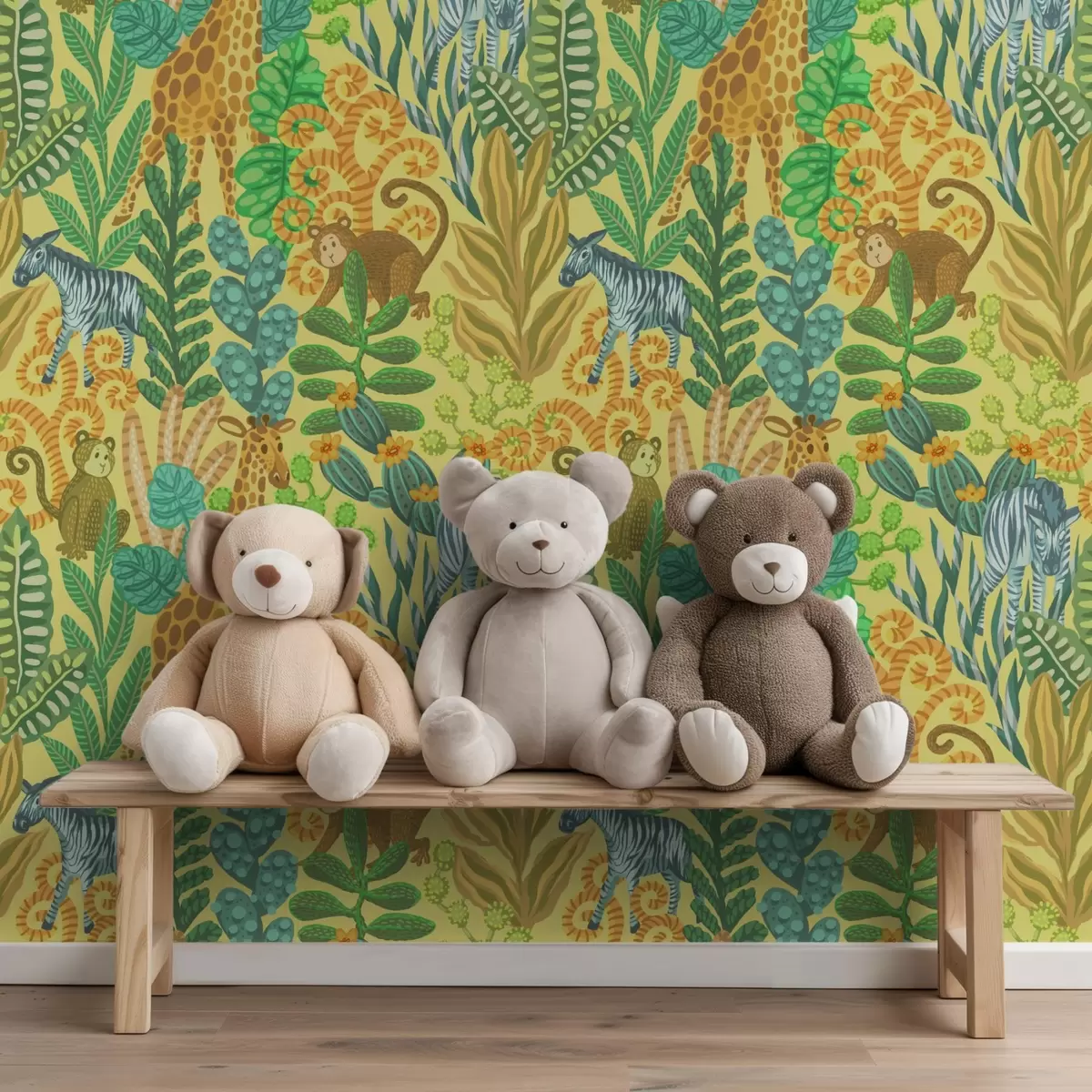 Tapetai Žirafa, zebras ir beždžionė ryškiai geltonoje savanoje a01000v1