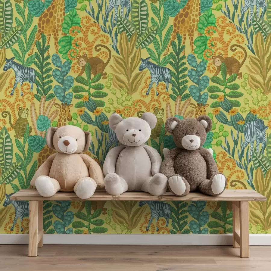 Fototapetai Žirafa, zebras ir beždžionė ryškiai geltonoje savanoje a01000v1