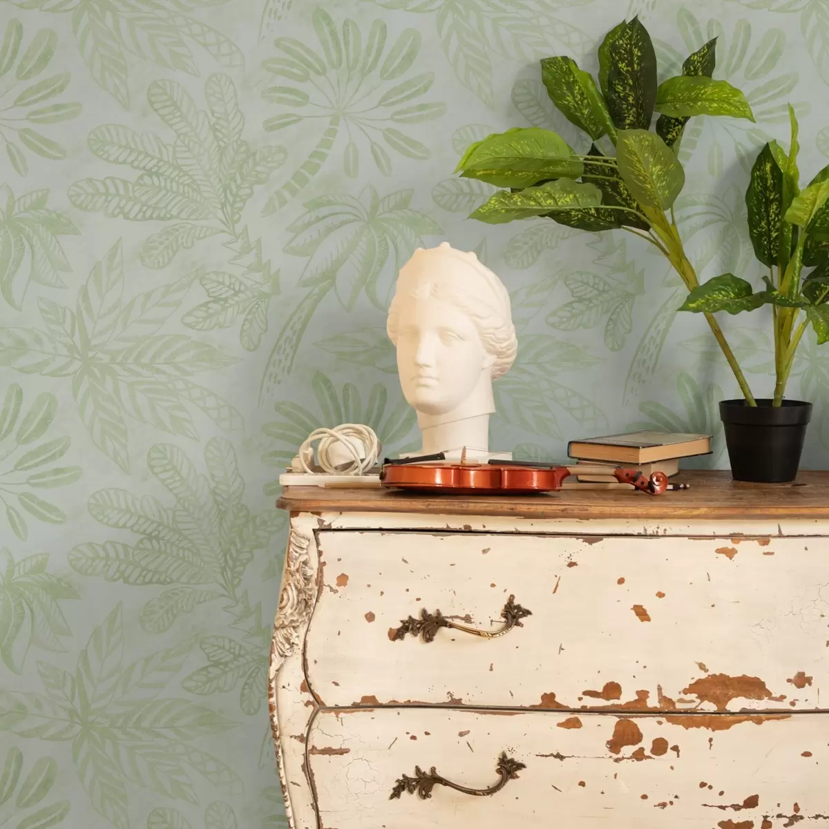 Tapetai Esquissé de feuilles tropicales dans des tons vert clair frais a01001v1