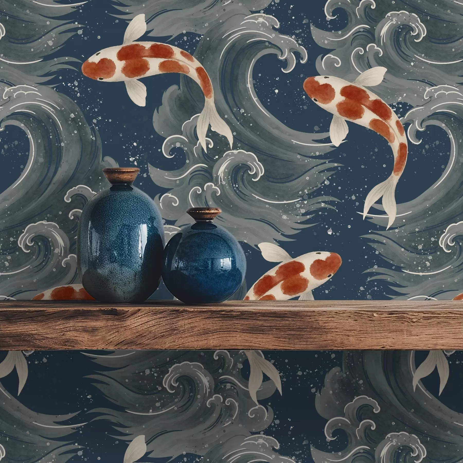 Fototapetai Koi žuvys, plaukiojančios tarp dramatiškų vandenyno bangų a01019