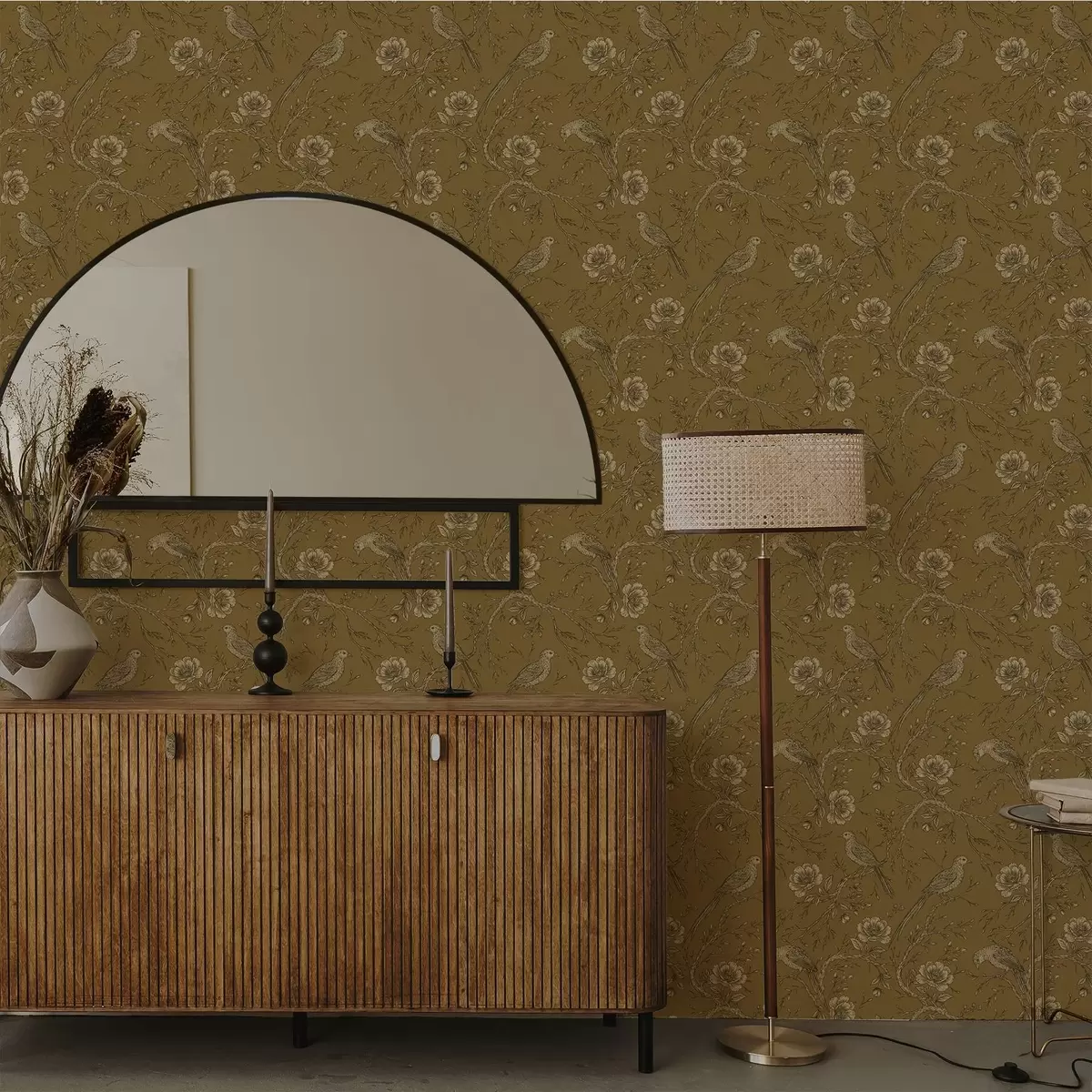 Tapetai Vintage paukščiai ir gėlės ant šilto alyvuogių fono a01022v1