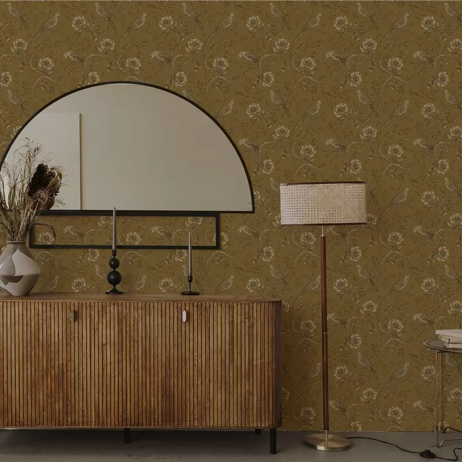 Fototapetai Vintage paukščiai ir gėlės ant šilto alyvuogių fono a01022v1