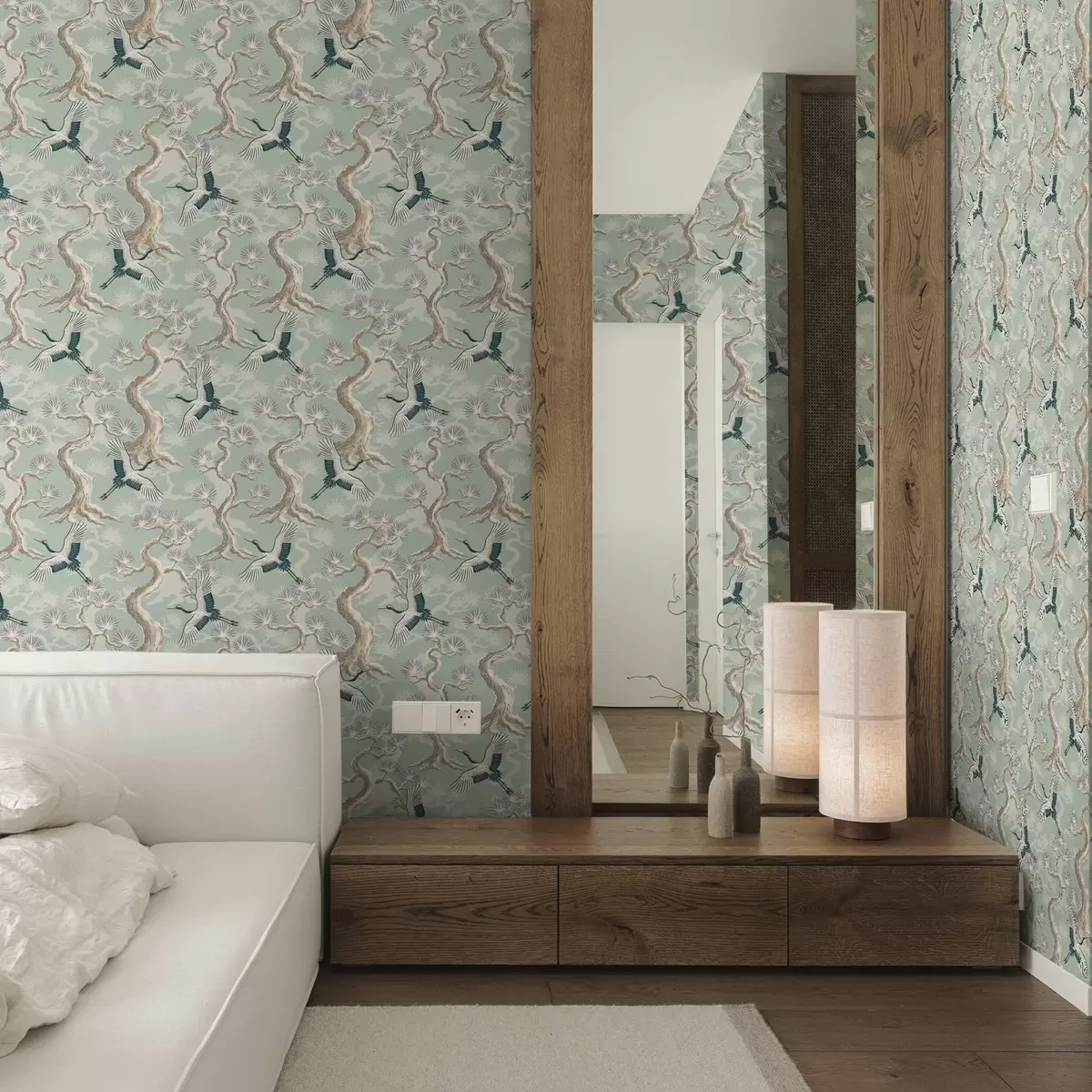 Tapetai Kranai tarp išlenktų šakų ant švelnaus šalavijų spalvos fono a01023