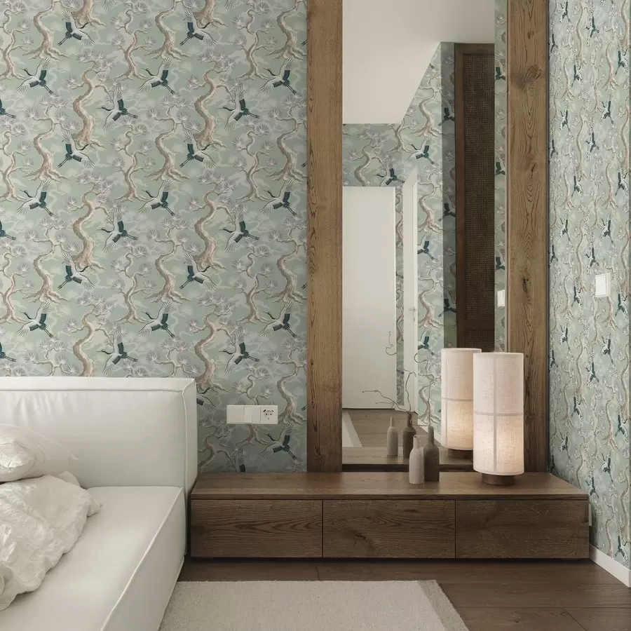 Fototapetai Kranai tarp išlenktų šakų ant švelnaus šalavijų spalvos fono a01023