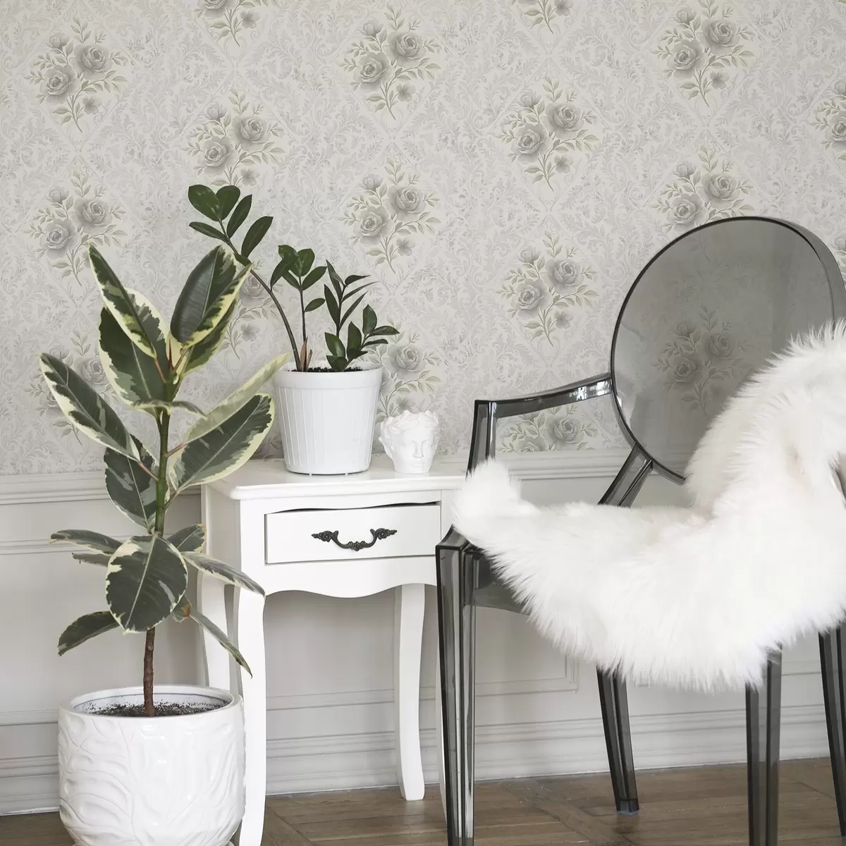 Tapetai Šviesus damasko raštas su pilkomis rožėmis minkštuose rombuose a01024