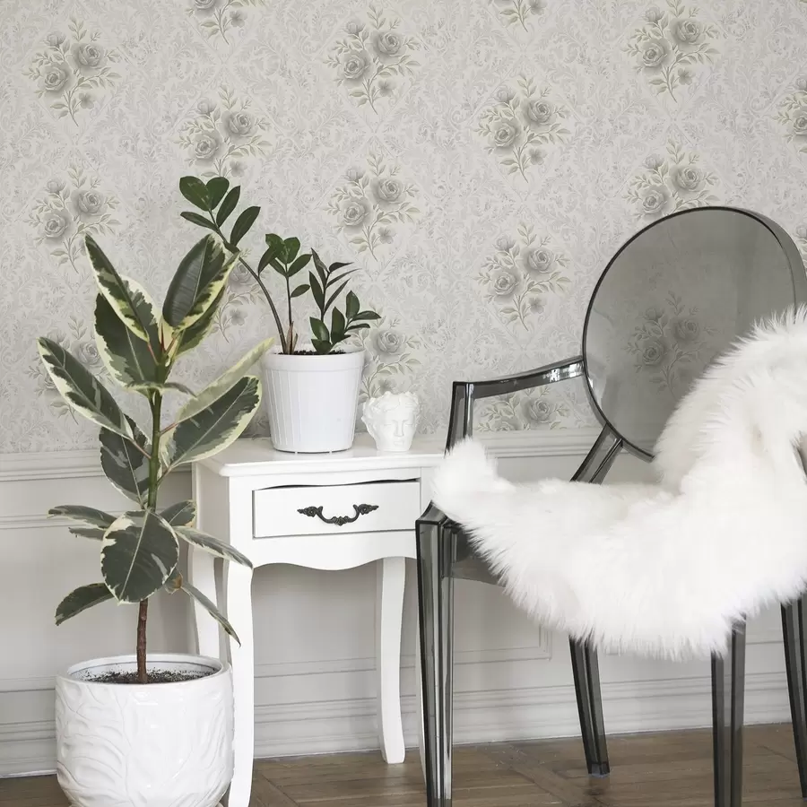 Fototapetai Šviesus damasko raštas su pilkomis rožėmis minkštuose rombuose a01024