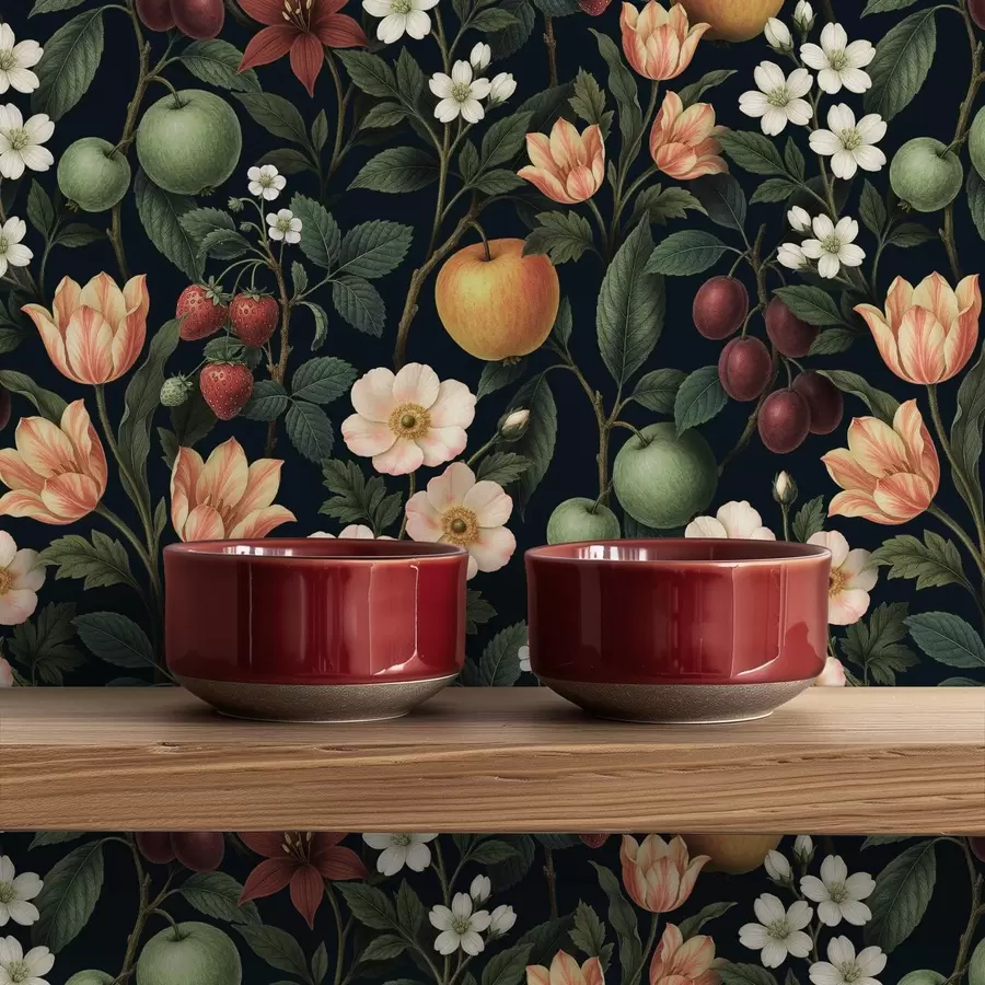 Fototapetai Tamsus sodas su gėlėmis, prinokusiais obuoliais ir uogomis a01034