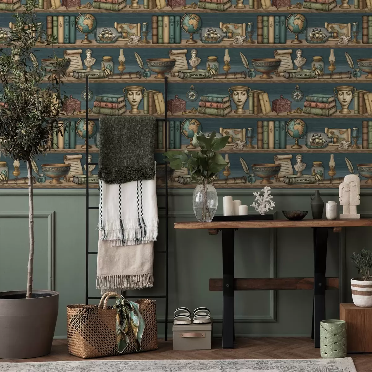 Tapetai Vintage lentynos su knygomis, gaubliu ir jūros retumais a01036