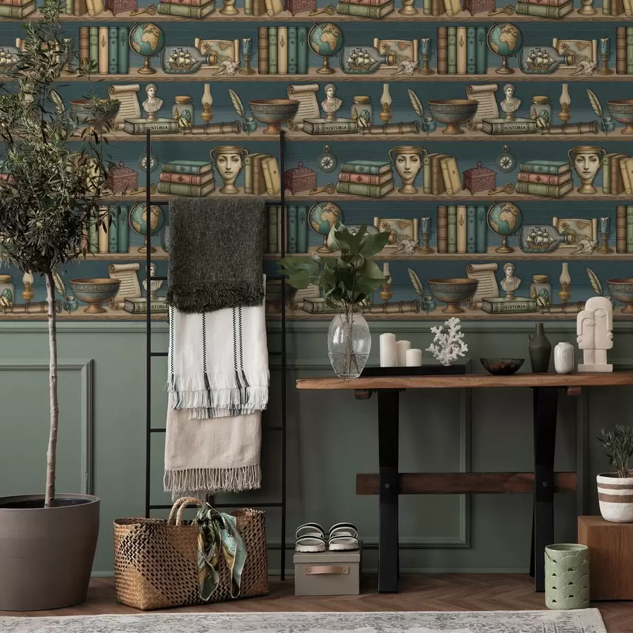 Fototapetai Vintage lentynos su knygomis, gaubliu ir jūros retumais a01036