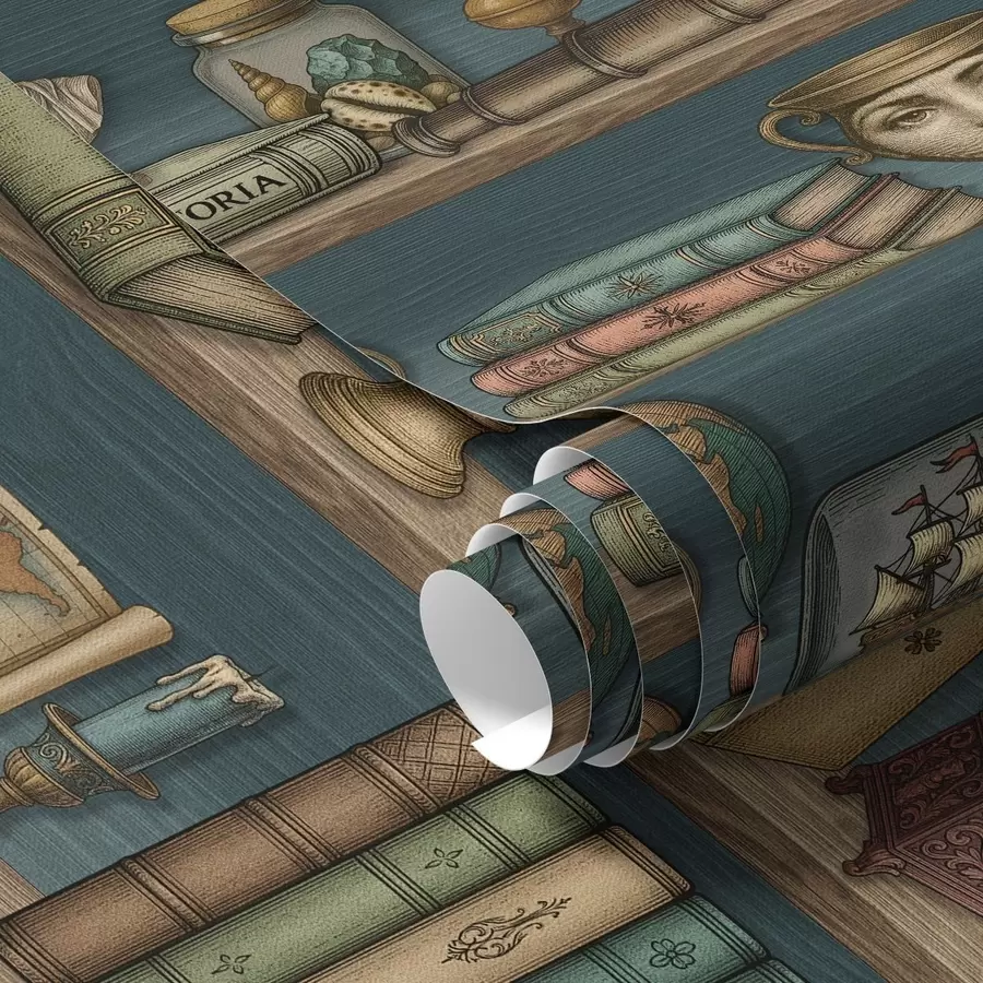 Fototapetai Vintage lentynos su knygomis, gaubliu ir jūros retumais a01036