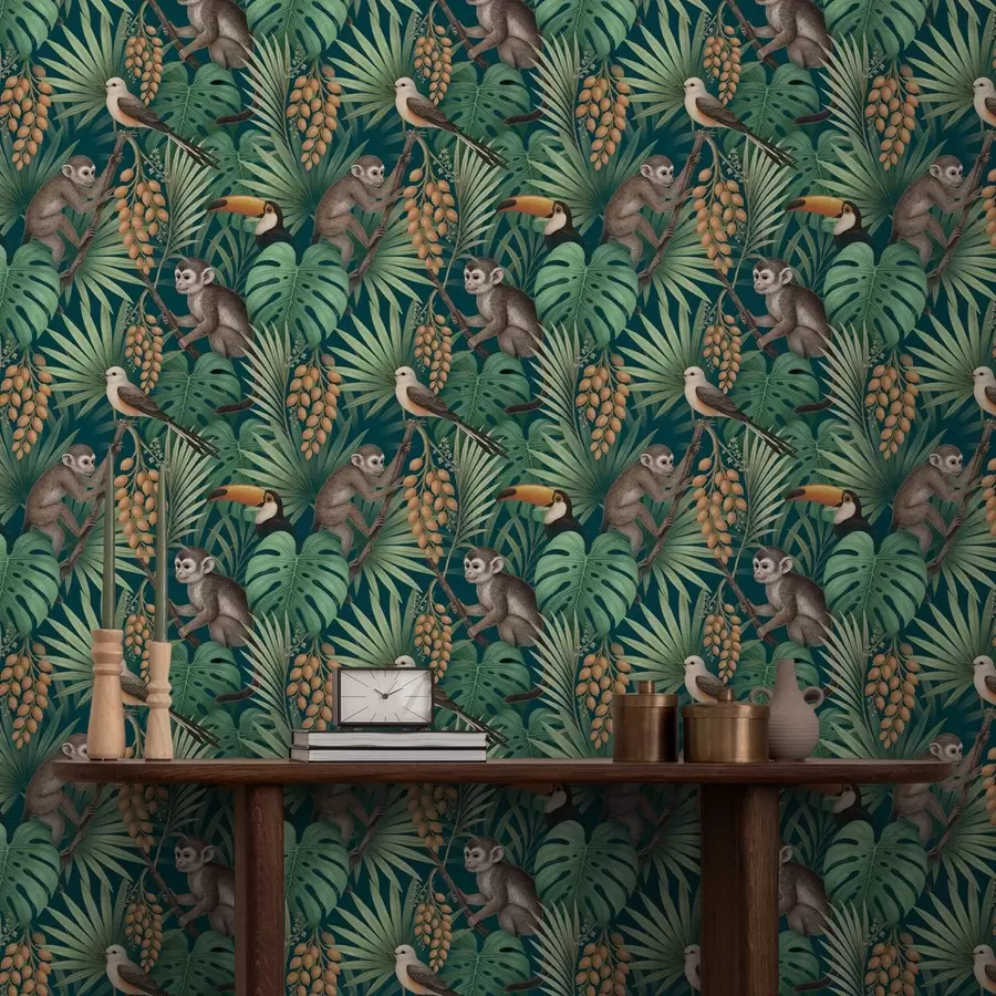 Fototapetai Beždžionės ir tropiniai paukščiai tankiuose džiunglių lapynuose a01037