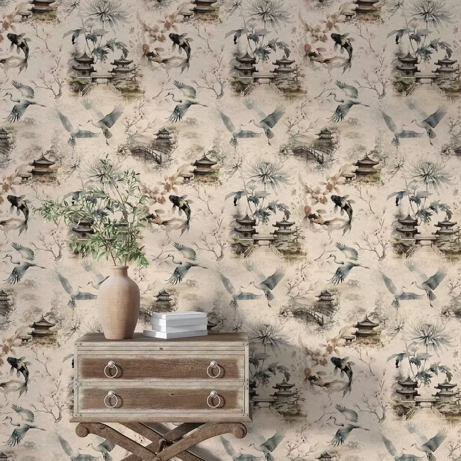 Fototapetai Japonų šventyklos, karpiai ir gervės ant švelnaus fono a01040