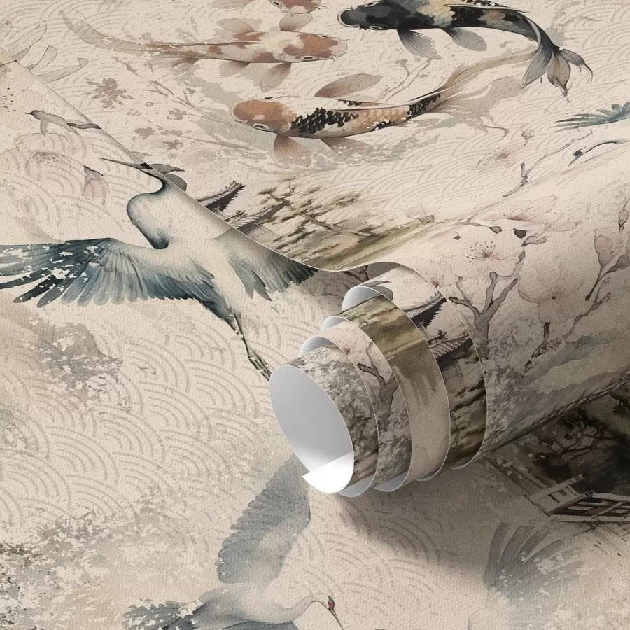 Fototapetai Japonų šventyklos, karpiai ir gervės ant švelnaus fono a01040