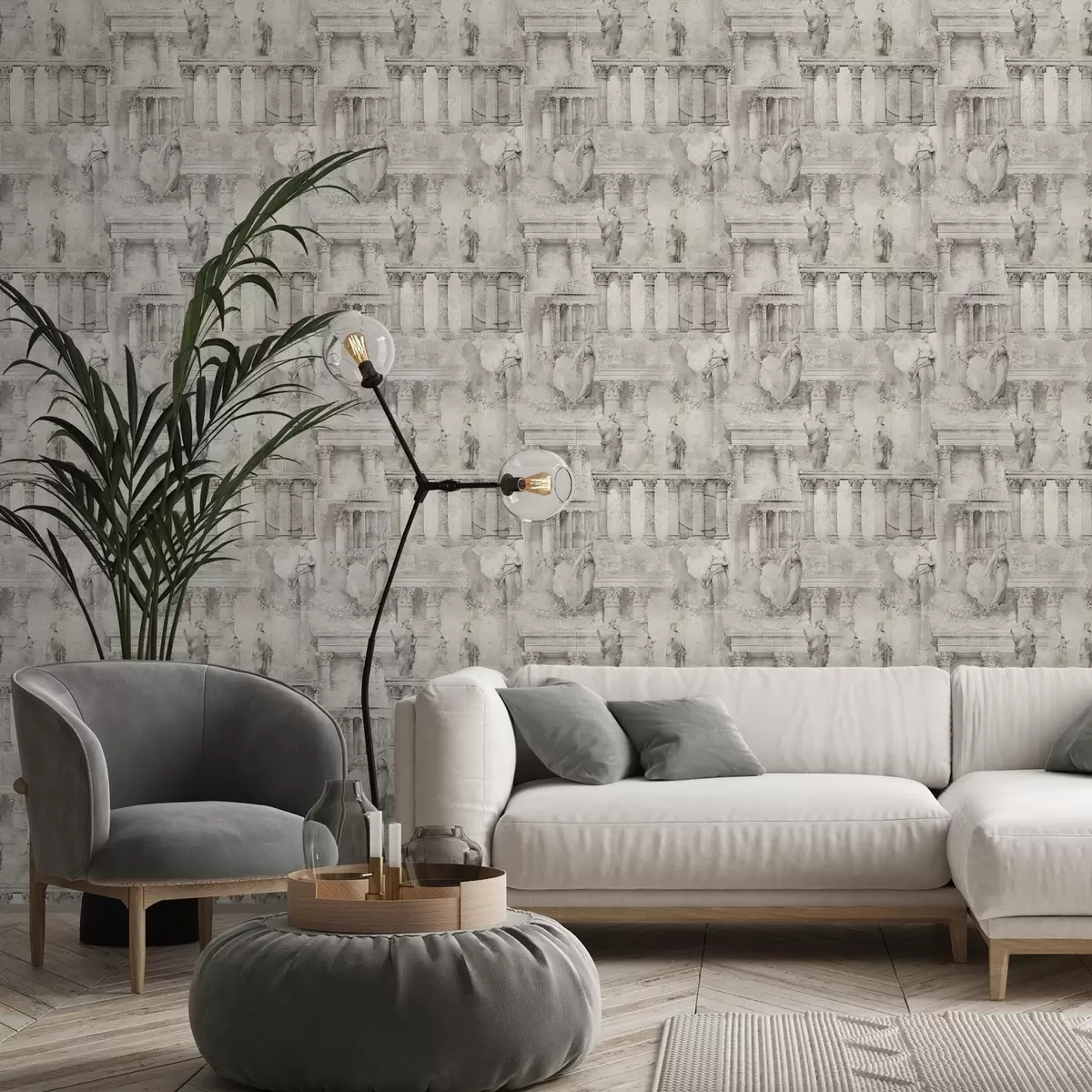 Tapetai Antikvarinės statulos ir kolonos švelniais smėlio-pilkos spalvos atspalviais a01041