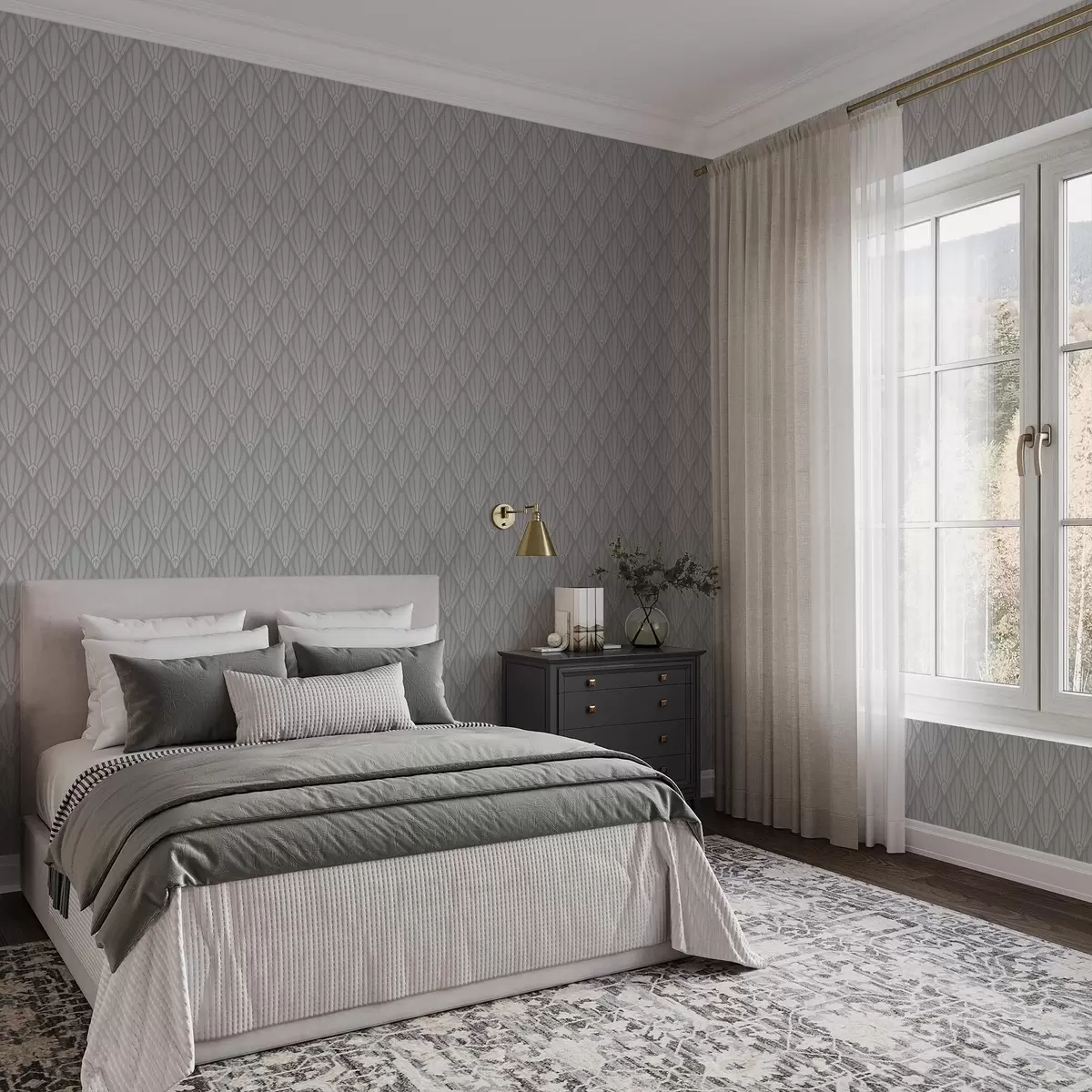Tapetai Pilkos spalvos Art Deco su vėduoklės formos elementais a01064