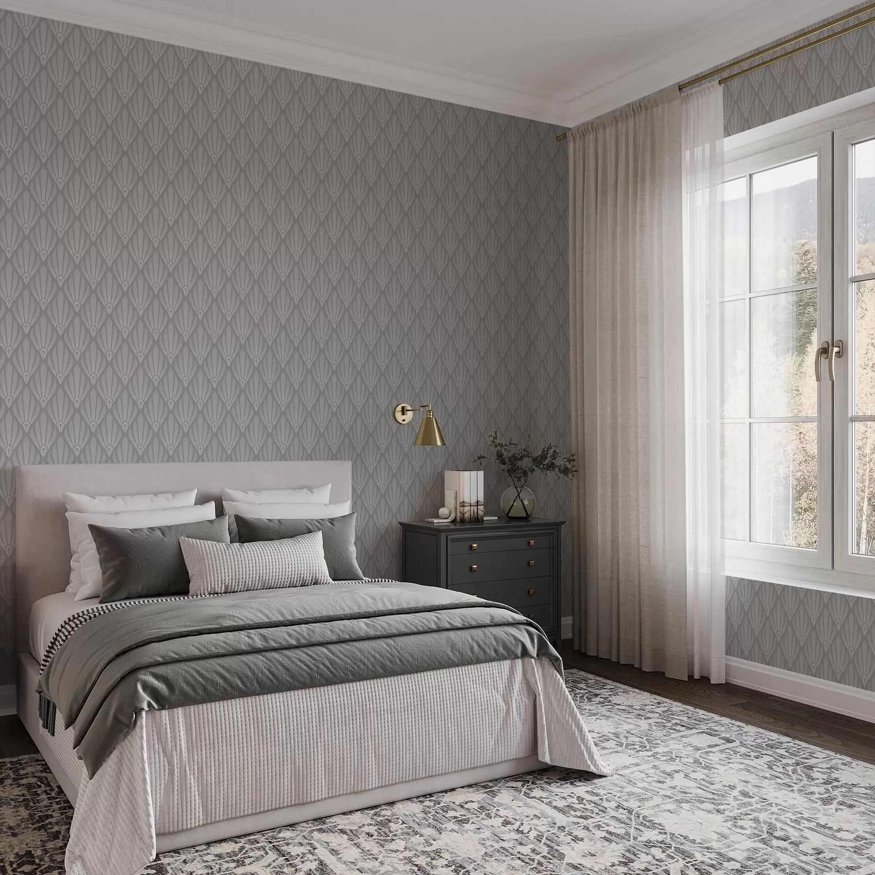 Fototapetai Pilkos spalvos Art Deco su vėduoklės formos elementais a01064