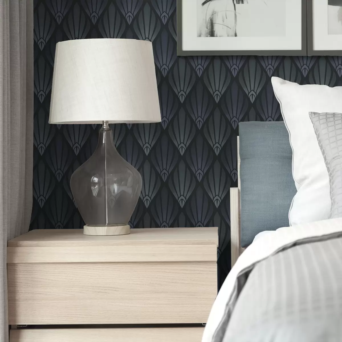 Tapetai Šaltas mėlynai pilkas Art Deco su vėduoklės formos formomis a01064v3