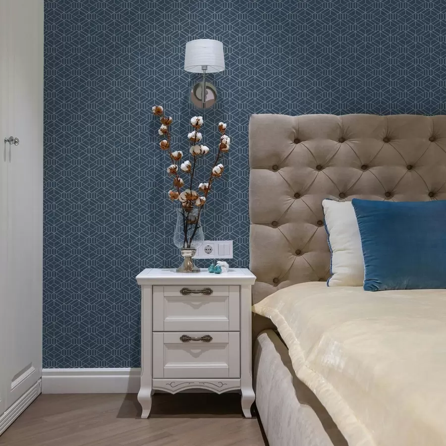 Fototapetai Mėlynas fonas su baltais linijiniais kubais tinklelyje a01067v1