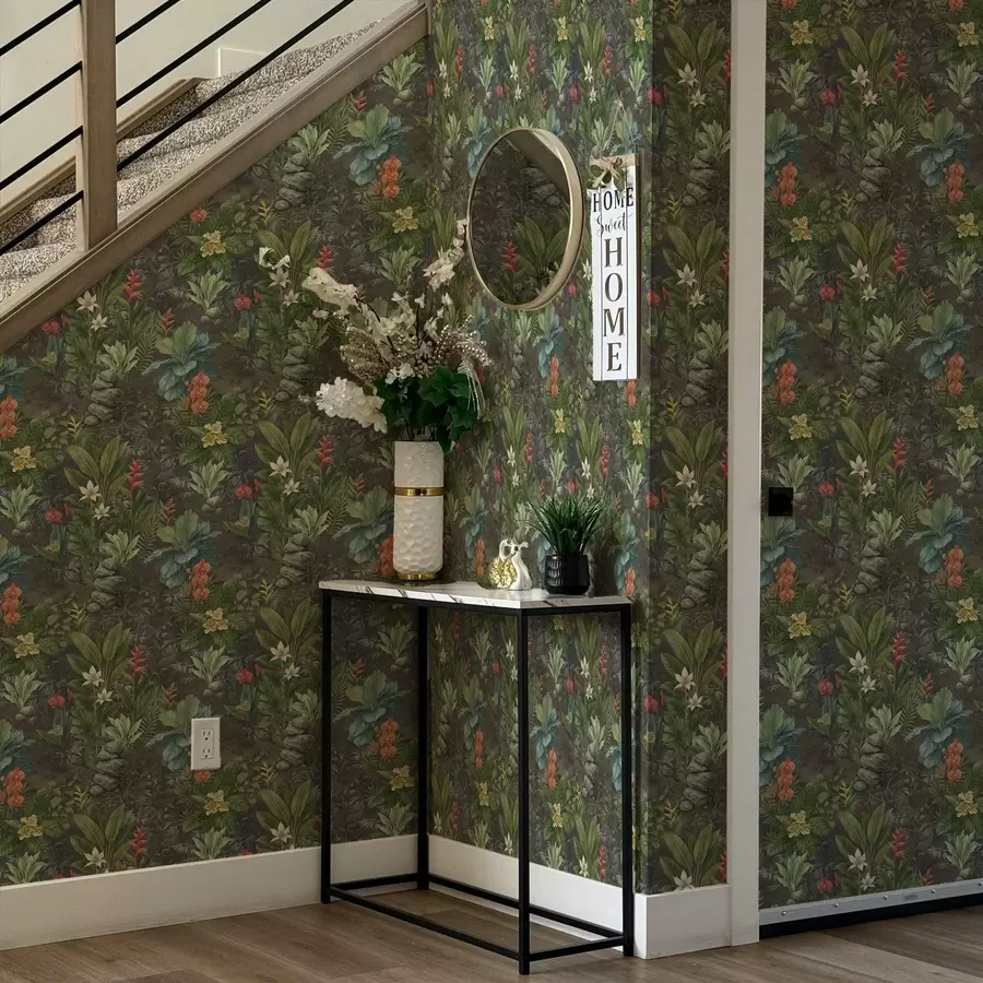 Fototapetai Tamsus tropinis sodas su ryškiais žiedais ir lapija a01079