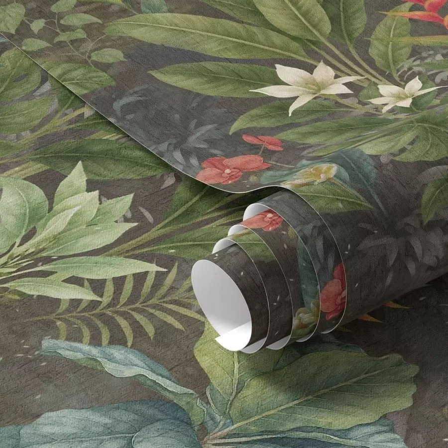 Fototapetai Tamsus tropinis sodas su ryškiais žiedais ir lapija a01079
