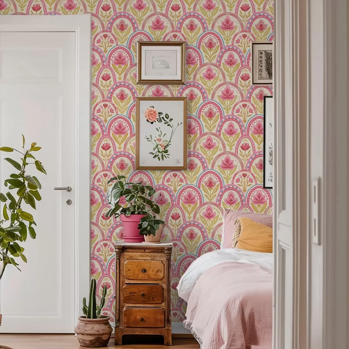 Tapetai Arkos su rožiniais žiedais liaudies stiliaus raštu a01080