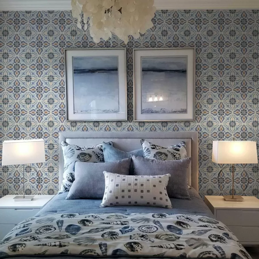 Fototapetai Mėlynos ir smėlio spalvos plytelių stiliaus ornamentas, tapytas akvarele a01085