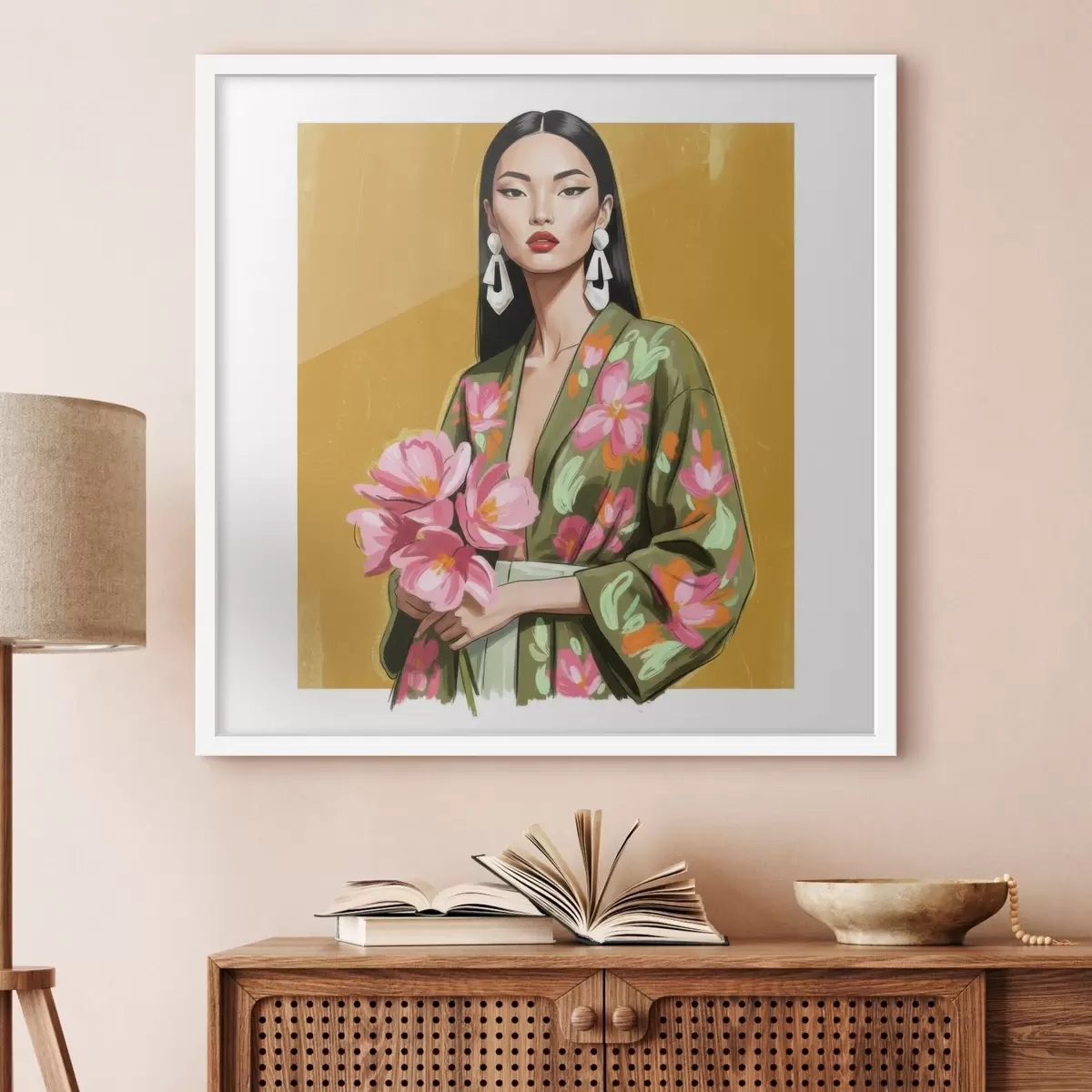 Plakatas Mergina su gėlių puokšte f46850